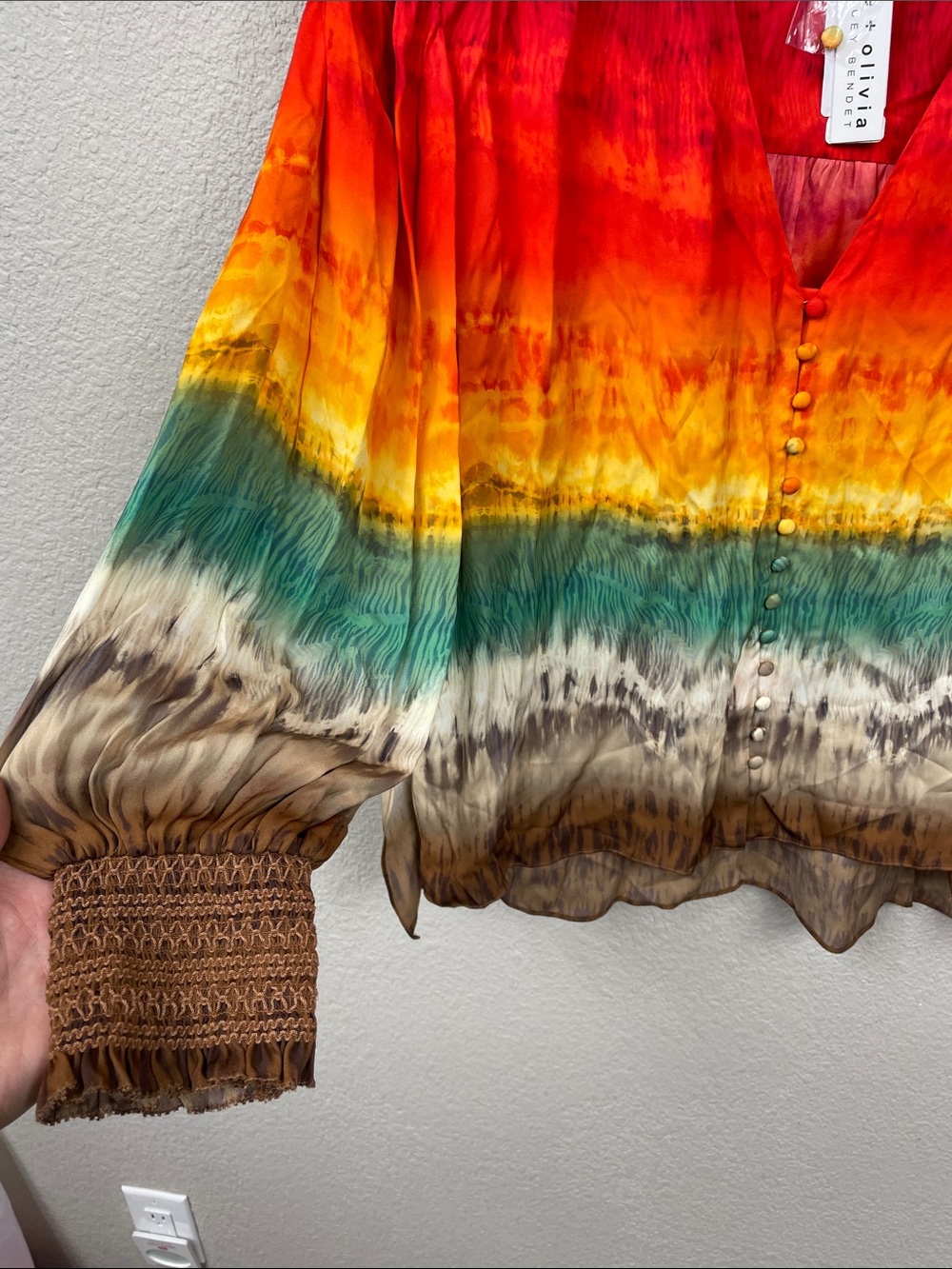 NWT Alice + Olivia Serena Rainbow Tie dye Peasant Top Blouson Boho Colorful Sz L - Picture 8 of 14